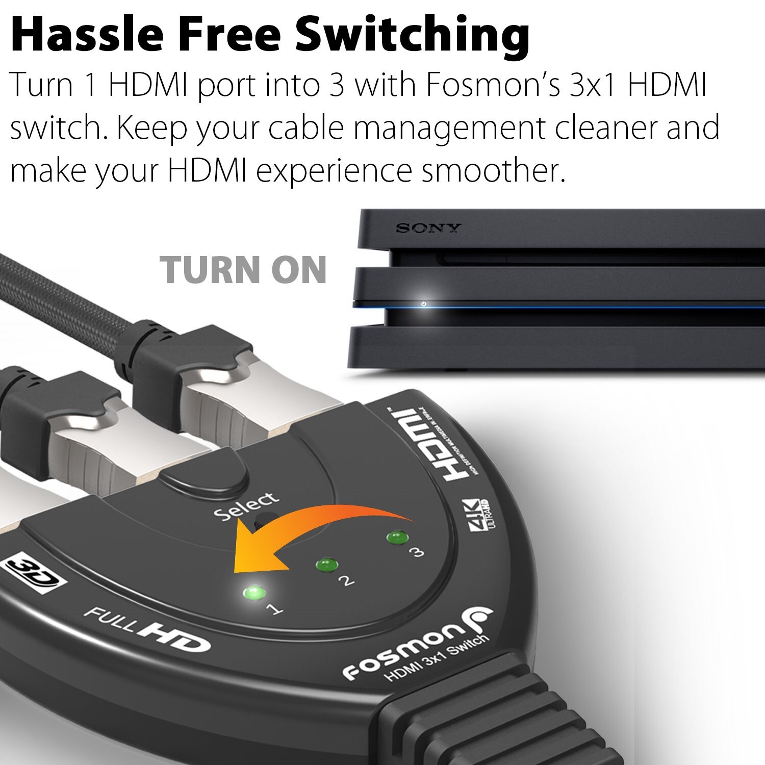 Fosmon 3×1 3 Port 4K UHD HD TV 3D Compact HDMI Switch Hub Splitter Adapter