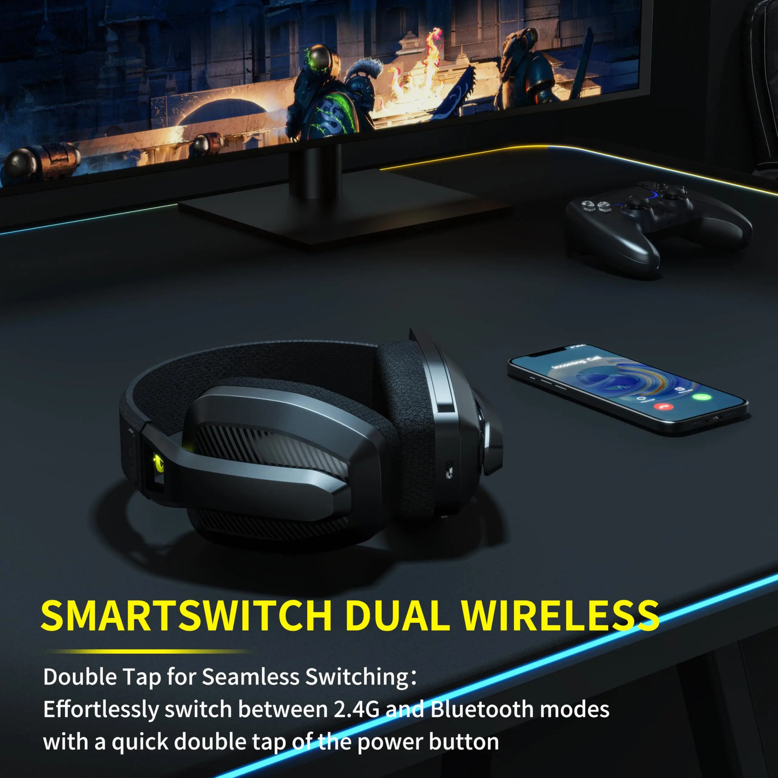 BINNUNE BW06 Wireless Gaming Headset 2.4GHz + Bluetooth PS5 PS4 PC Mac 48hr