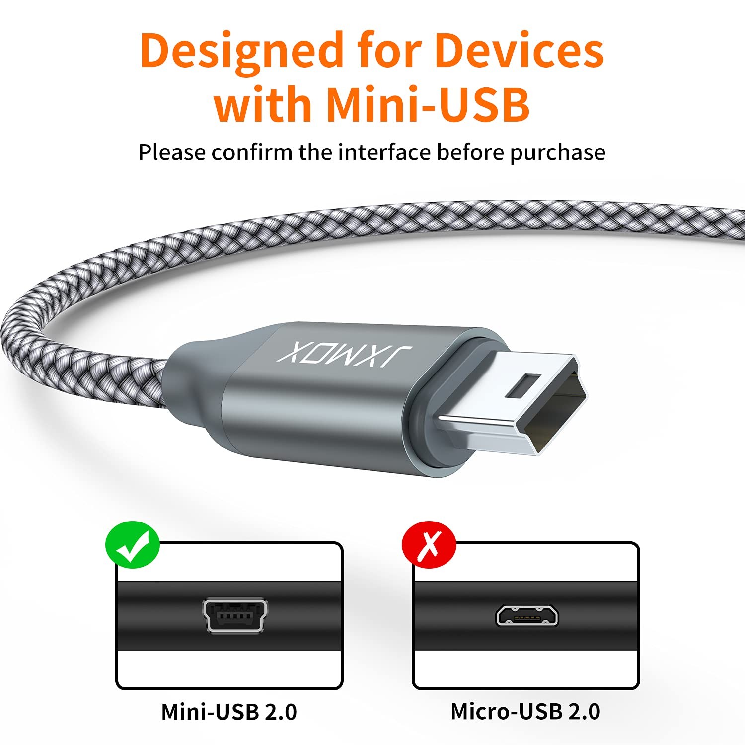 JXMOX Mini USB Cable, (3.3ft 2 Pack) 2.0 Type A Male to 3.3ft, Grey