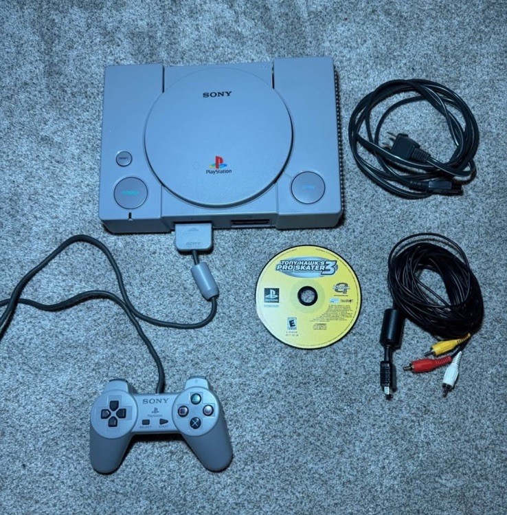 Sony PlayStation PS1 Gray Console Working with Controller, Game, And Cables