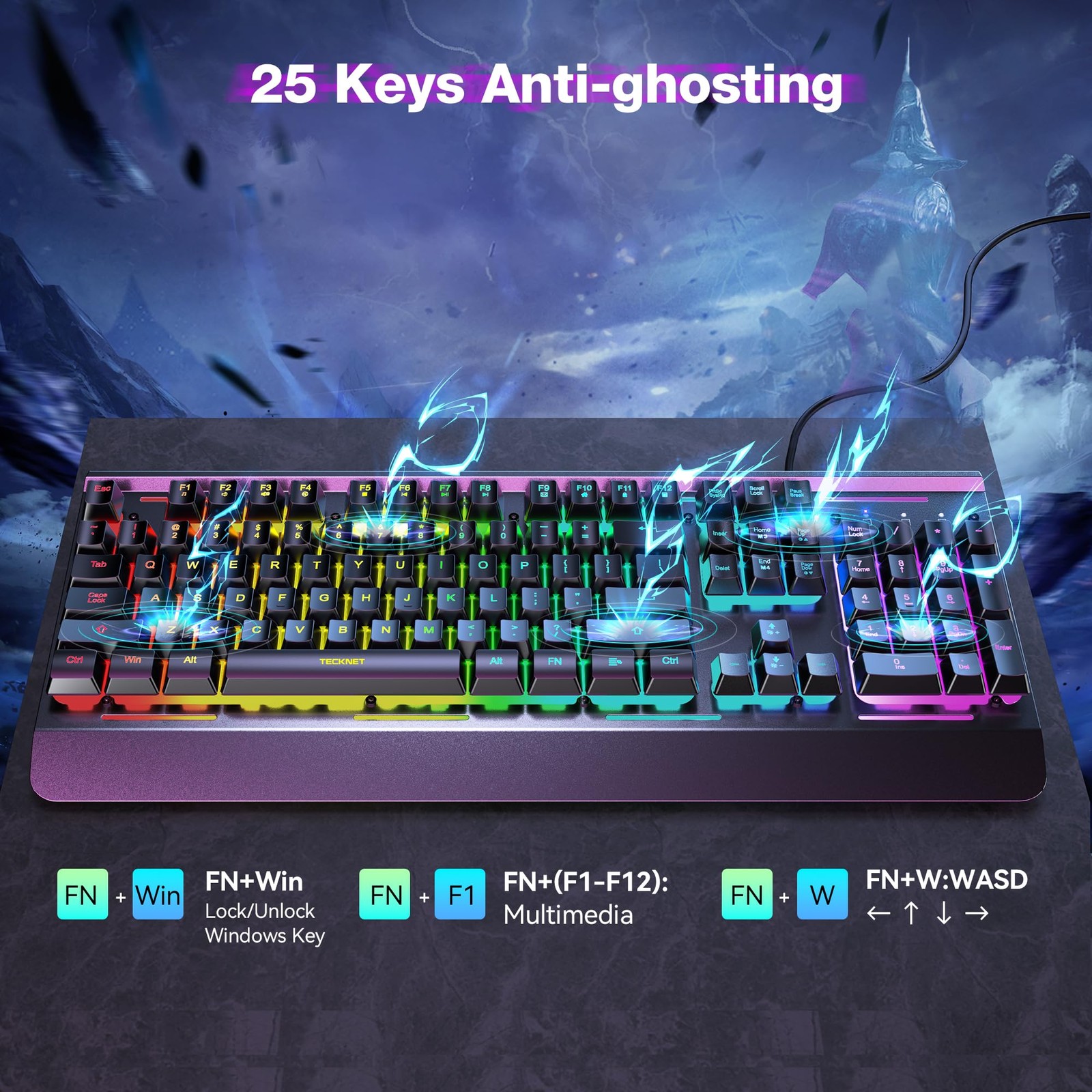 Tecknet Gaming Keyboard Usb Wired Computer Keyboard 15-Zone Rgb Illumination