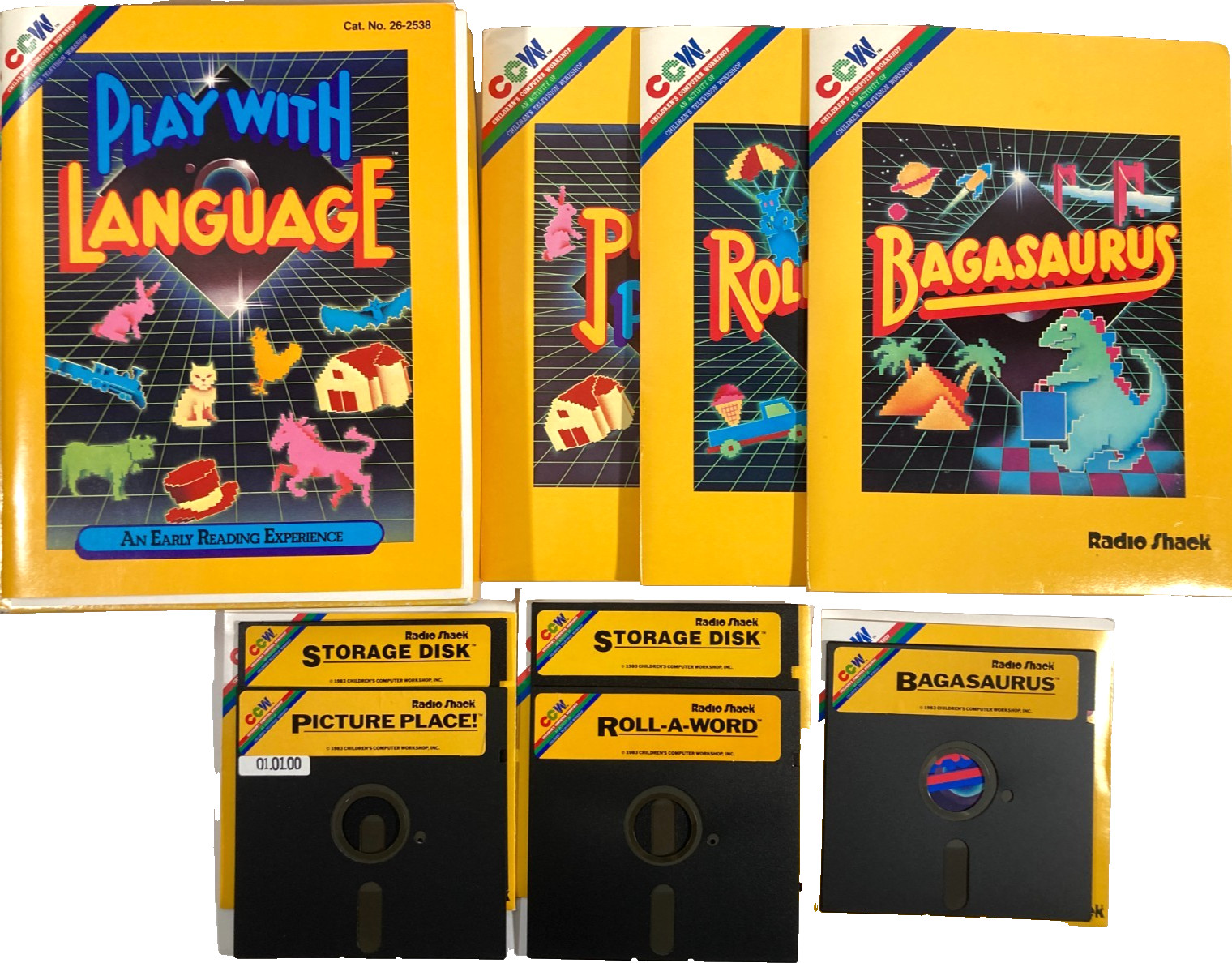 Radio Shack 1983 3-Game 5.25″ Disk Set Bagasaurus Picture Palace Roll-A-Word CCW