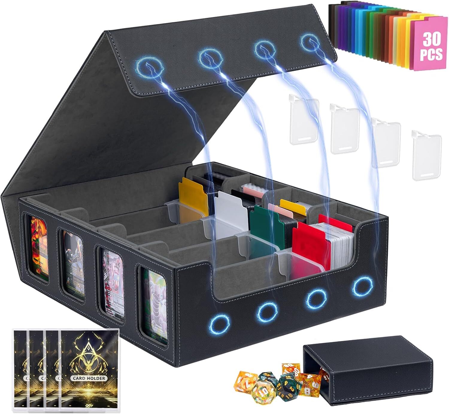 “3200+ Card Storage Box MTG Commander Black Grey w/ Dice Tray, Dividers”