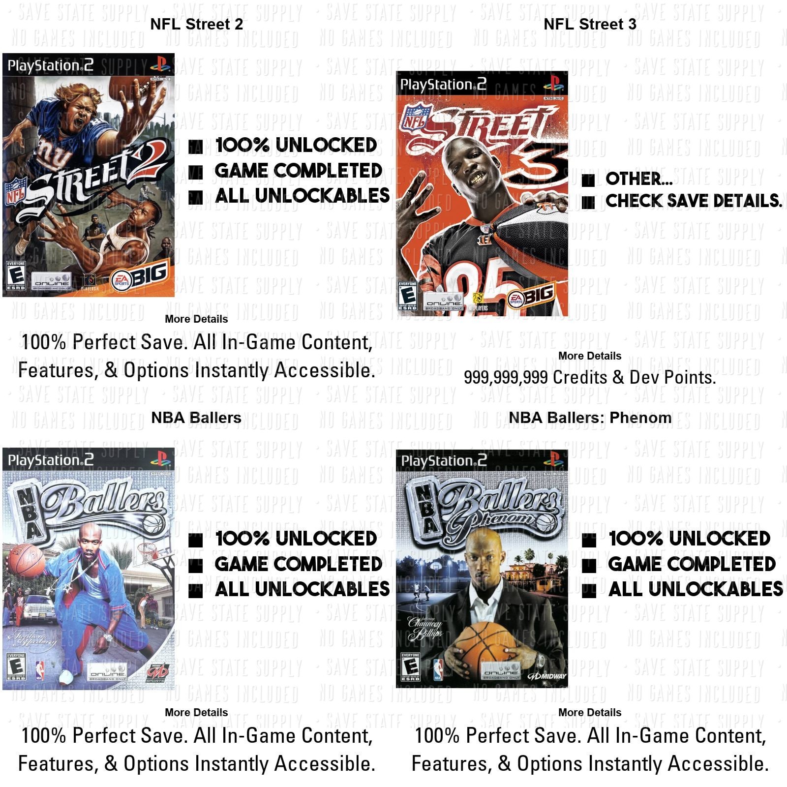 NBA NFL Street Vol. 1 2 3 Ballers PlayStation 2 PS2 PS3 USB Memory Card