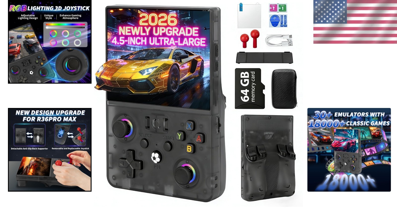 R36MAX Ⅱ Game Console – 4.5″ High-Def Screen, 18,000+ Classic Games in Black