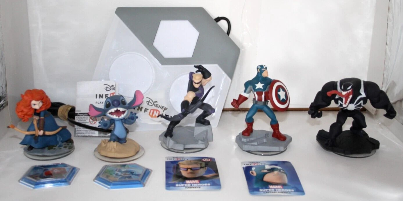Disney Infinity 2.0 Base Portal Lot 5 Figures Marvel Stitch Merida Venom Hawkeye