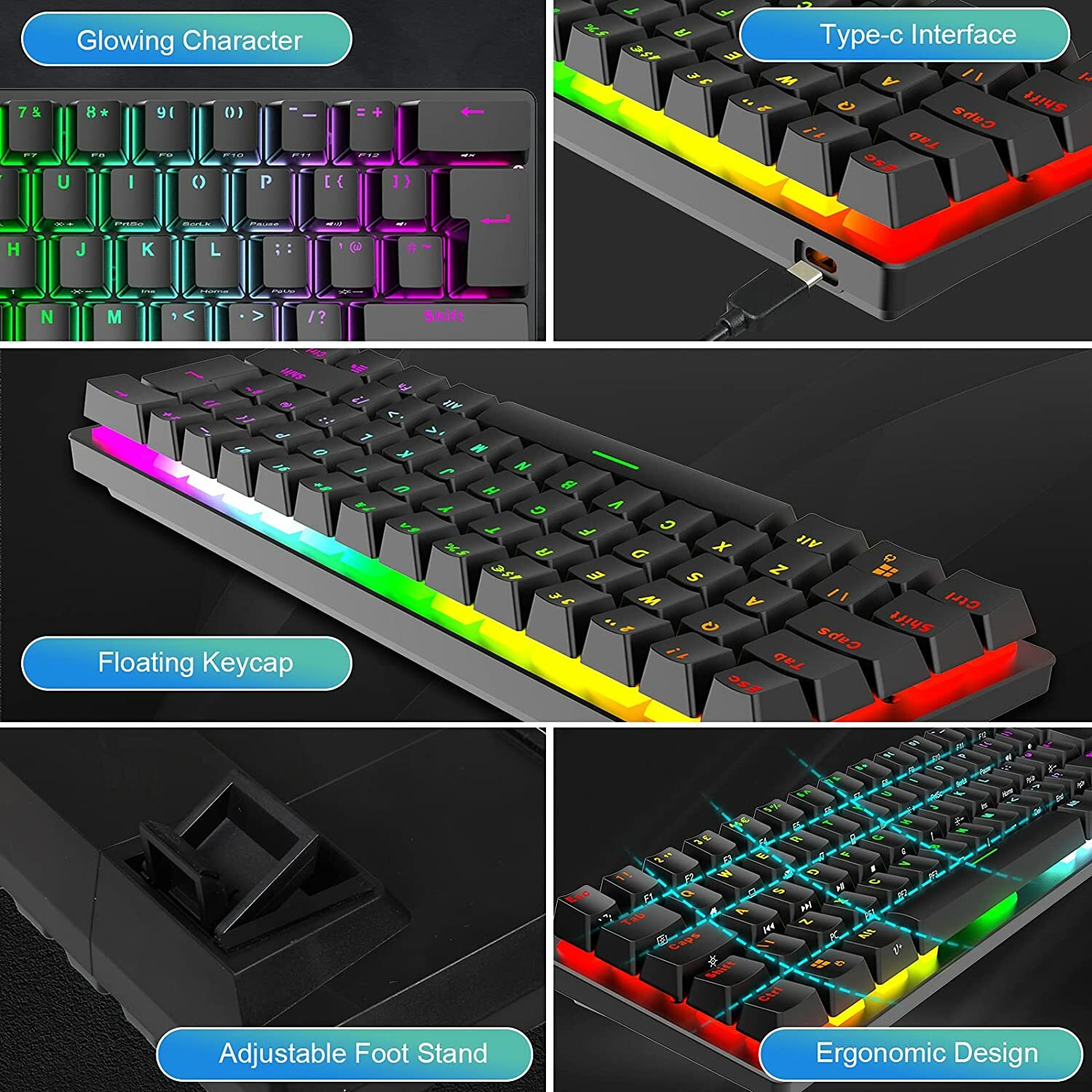 60% Wired Mechanical Gaming Keyboard Mini RGB Backlit Type-C for PC PS4 PS5 Xbox
