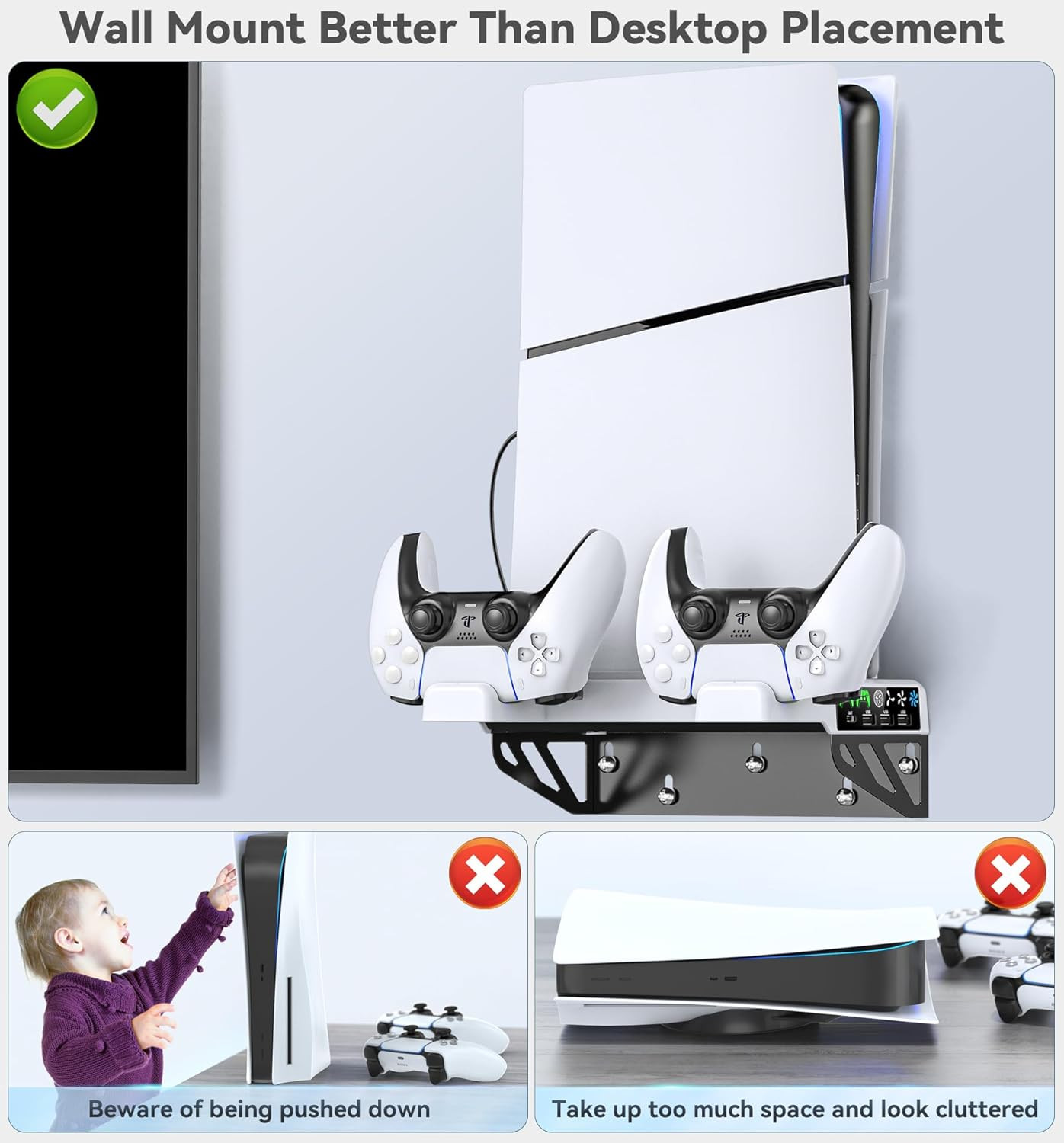 Ps5/Slim/Pro Wall Mount Kit with Cooling Fan & Charging Station, PS5 Shelf Float