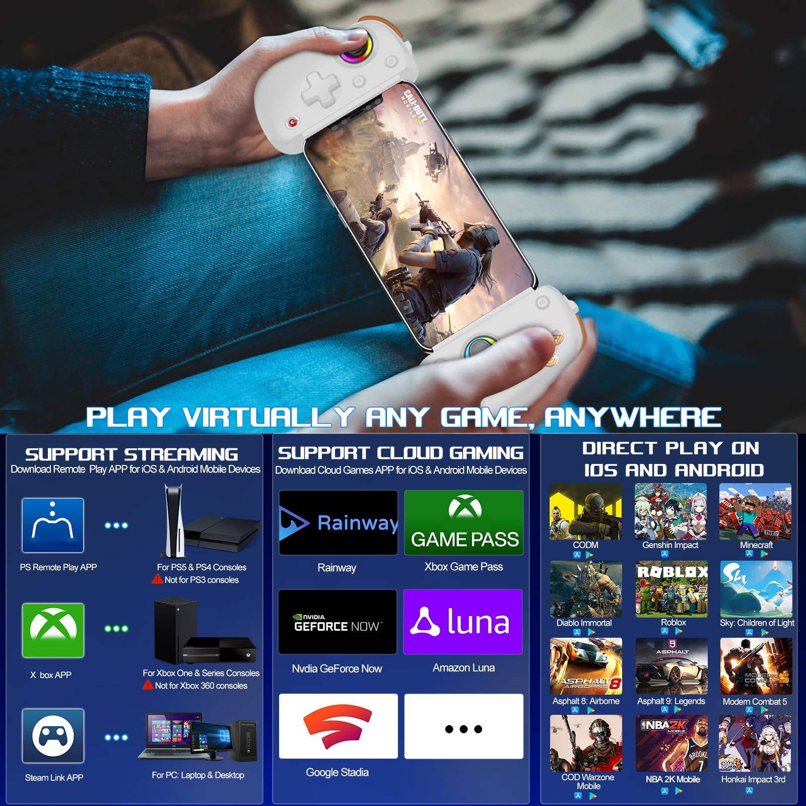 Wireless Hall Effect Gamepad iOS/Android (5-13″) Cloud/Steam/CODM RGB/Turbo Keys