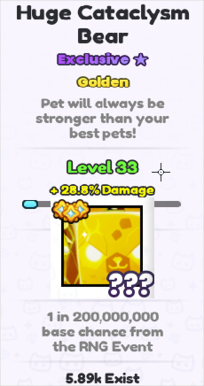 Pet Sim 99 Huge RNG Event Pet Golden Cataclysm Bear Eclipse Owl Nebula Lion PS99