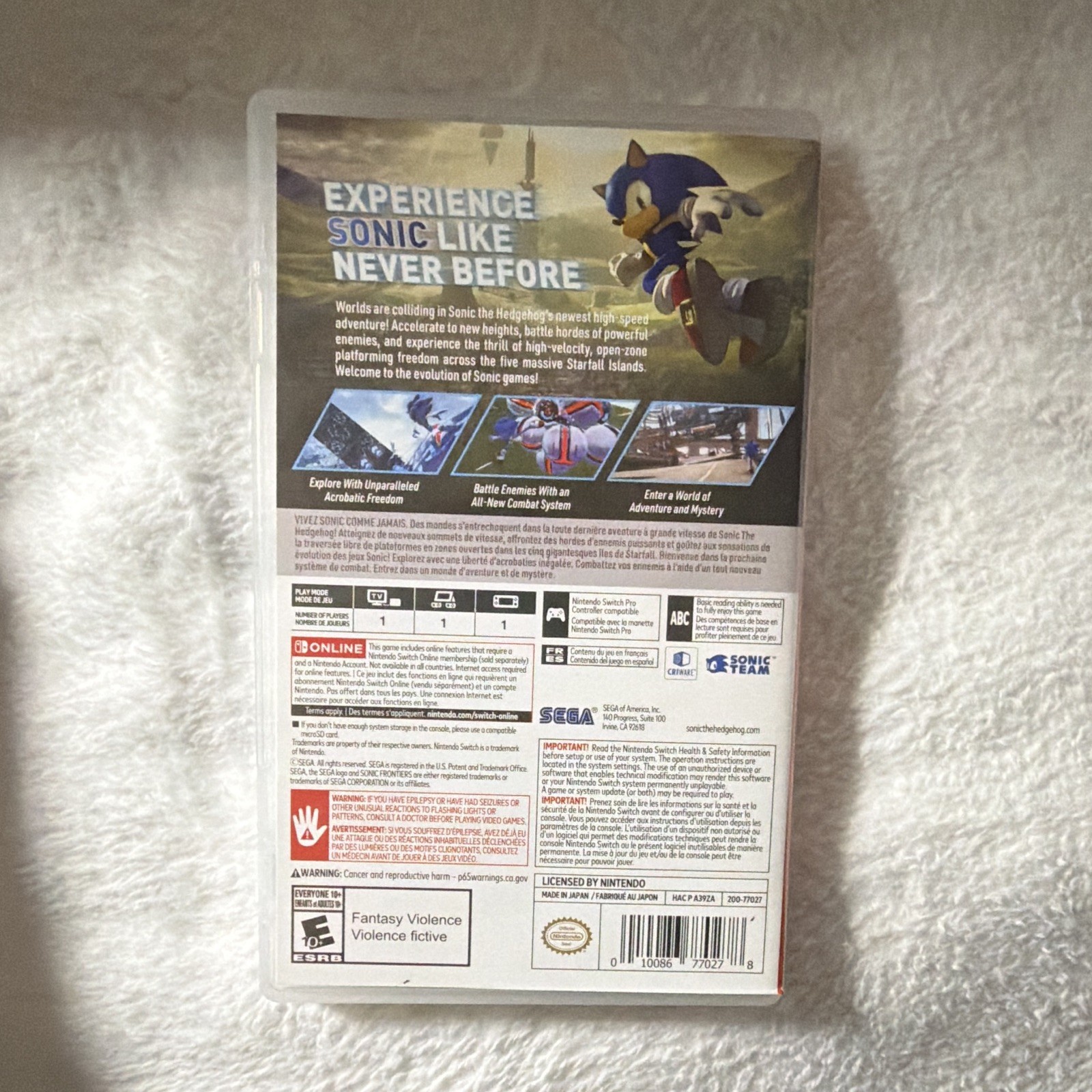 SEGA Sonic Frontiers Nintendo Switch w/ Case & Insert E10+ NTSC-U/C 2022