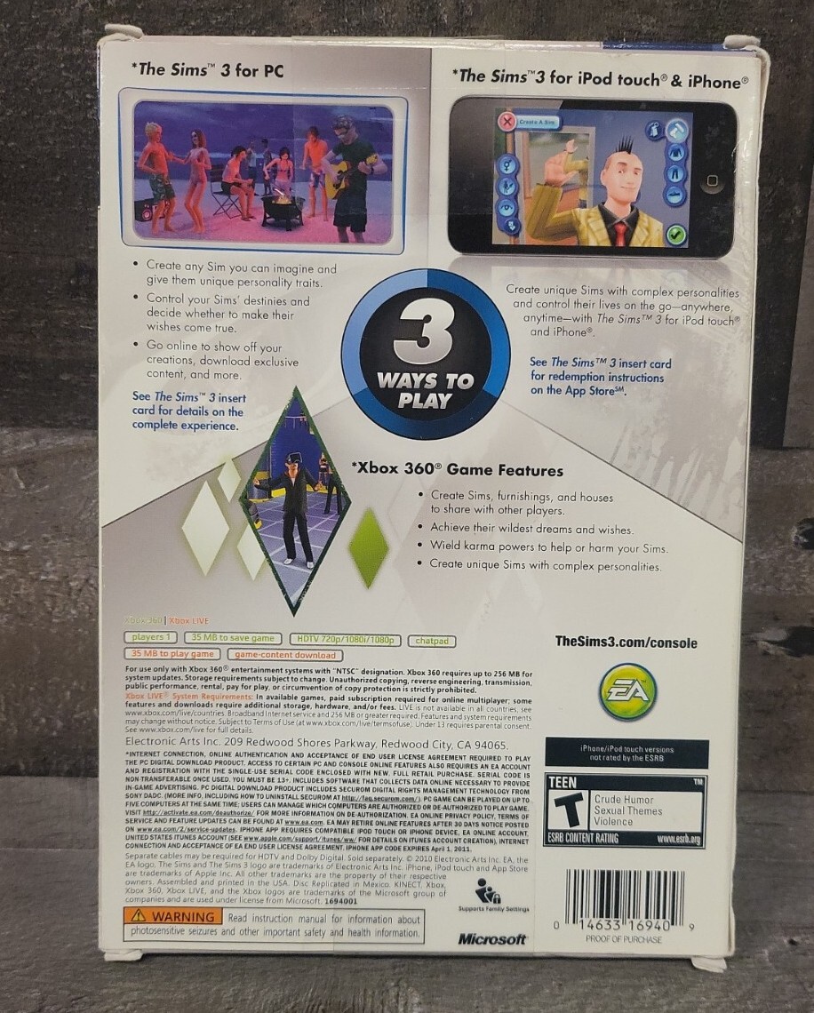 The Sims 3: 3 Ways to Play – Xbox 360, App Store, Windows BRAND NEW SEALED