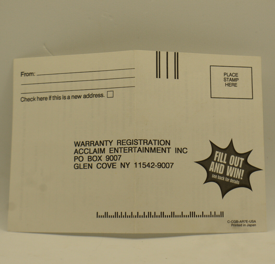 Turok: Rage Wars Warranty Card For Nintendo GameBoy Color, 1999 NO Game Included