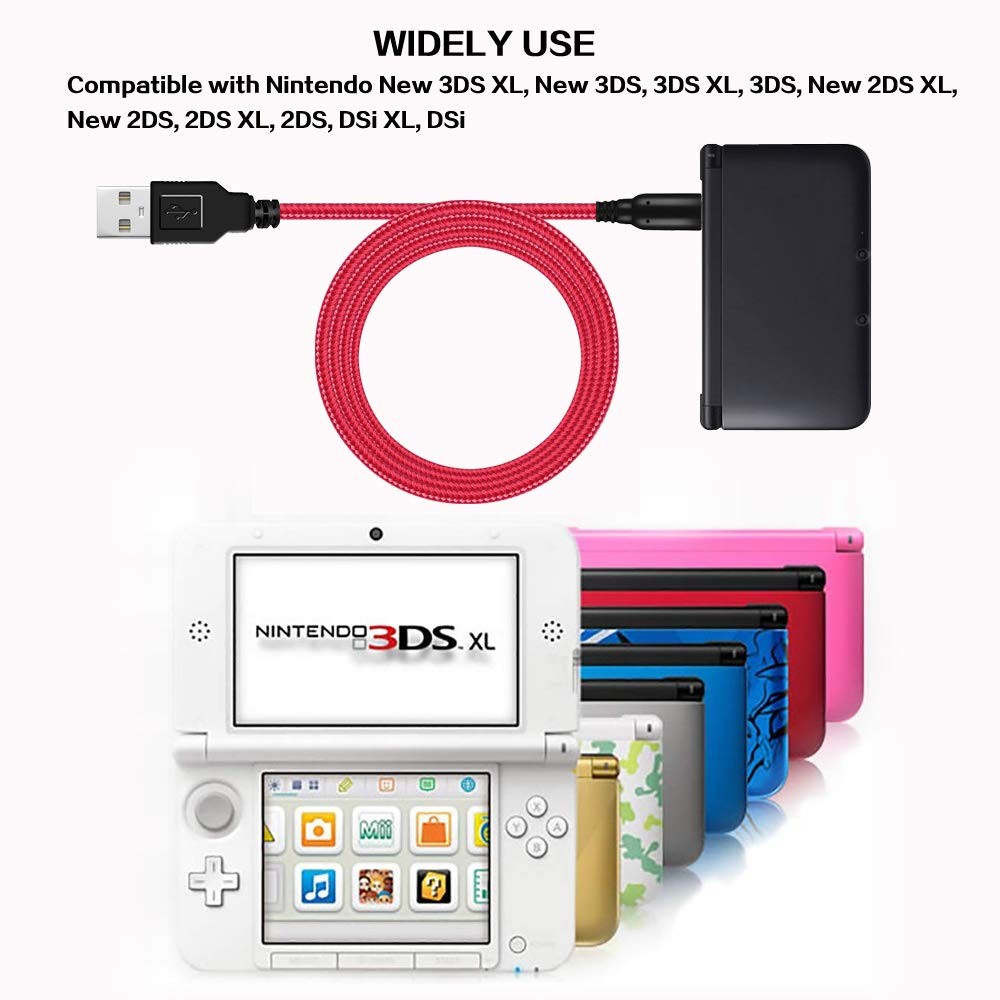 BATSOEASY 2 Pack 5ft 3DS/ 2DS USB Charger Cable, Nylon Braided 5 feet, Red