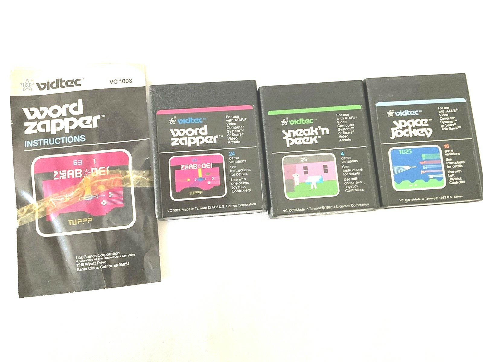 Vidtec Video Games Lot 3 Word Zapper Space Jockey Sneak’ n Peak For Atari Used