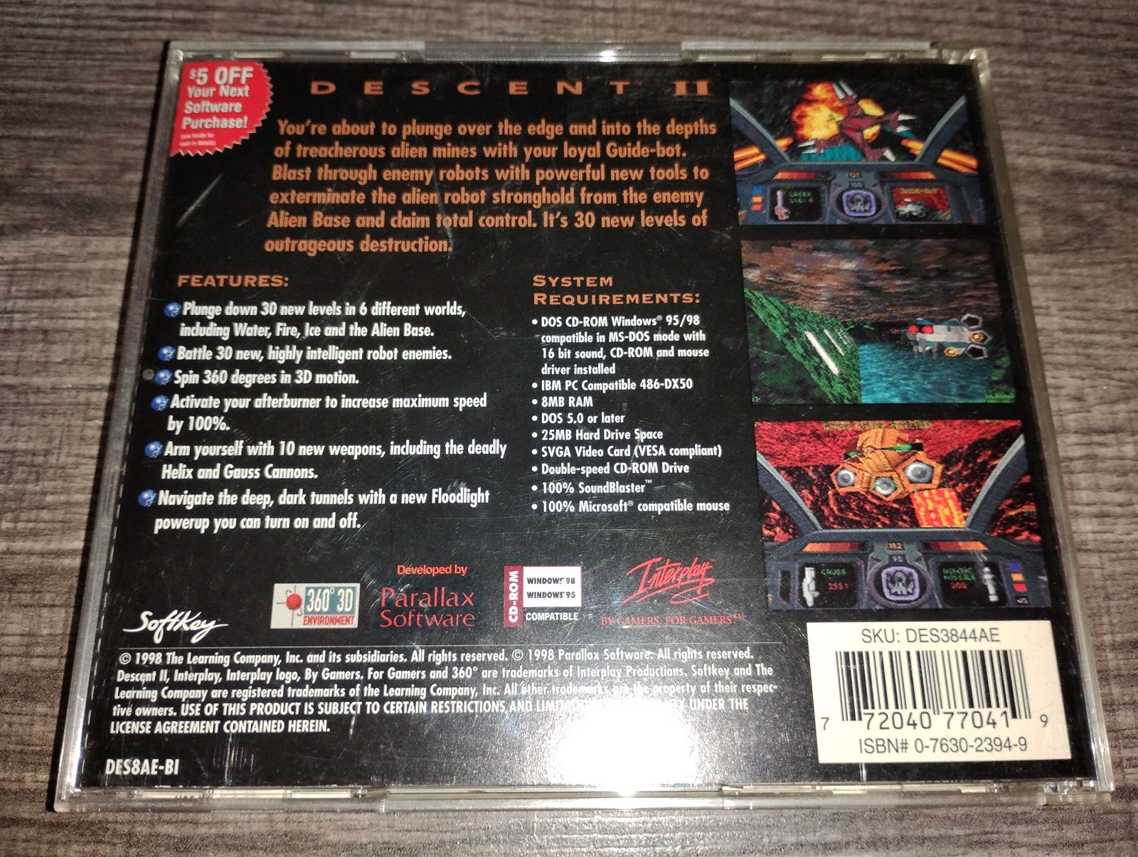 Descent II 2 PC CD-ROM Interplay Parallax game for Windows 95/98 SoftKey 1998