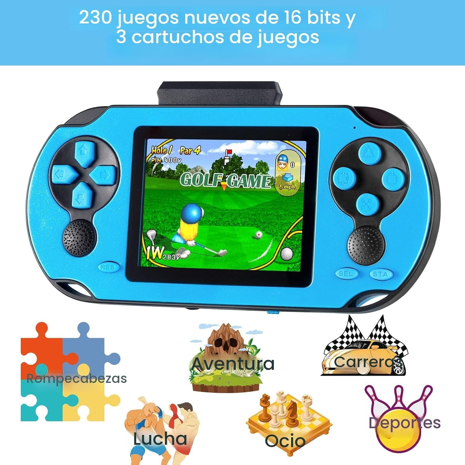 16 Bit Handheld Game Console for Kids Adults, 3.0” Large Screen Preloaded 230 H