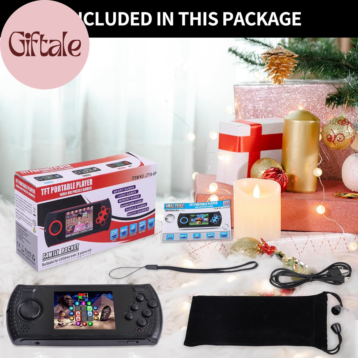 16 Bit Handheld Game for Kids Built-In 230 HD Classic Retro Video Games USB Rech