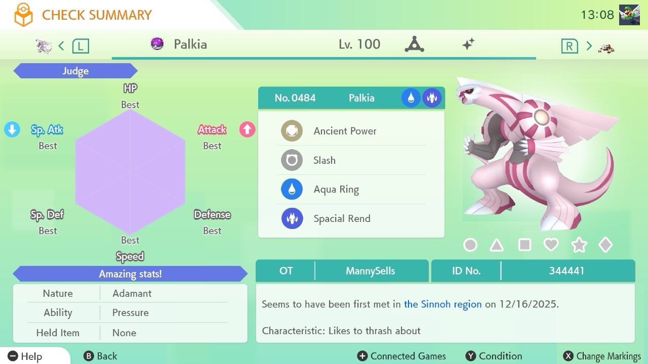 BDSP Caught Legendaries Shiny/Non Shiny, 6IV, Level 100, EVs 6HP 252ATK 252SPE