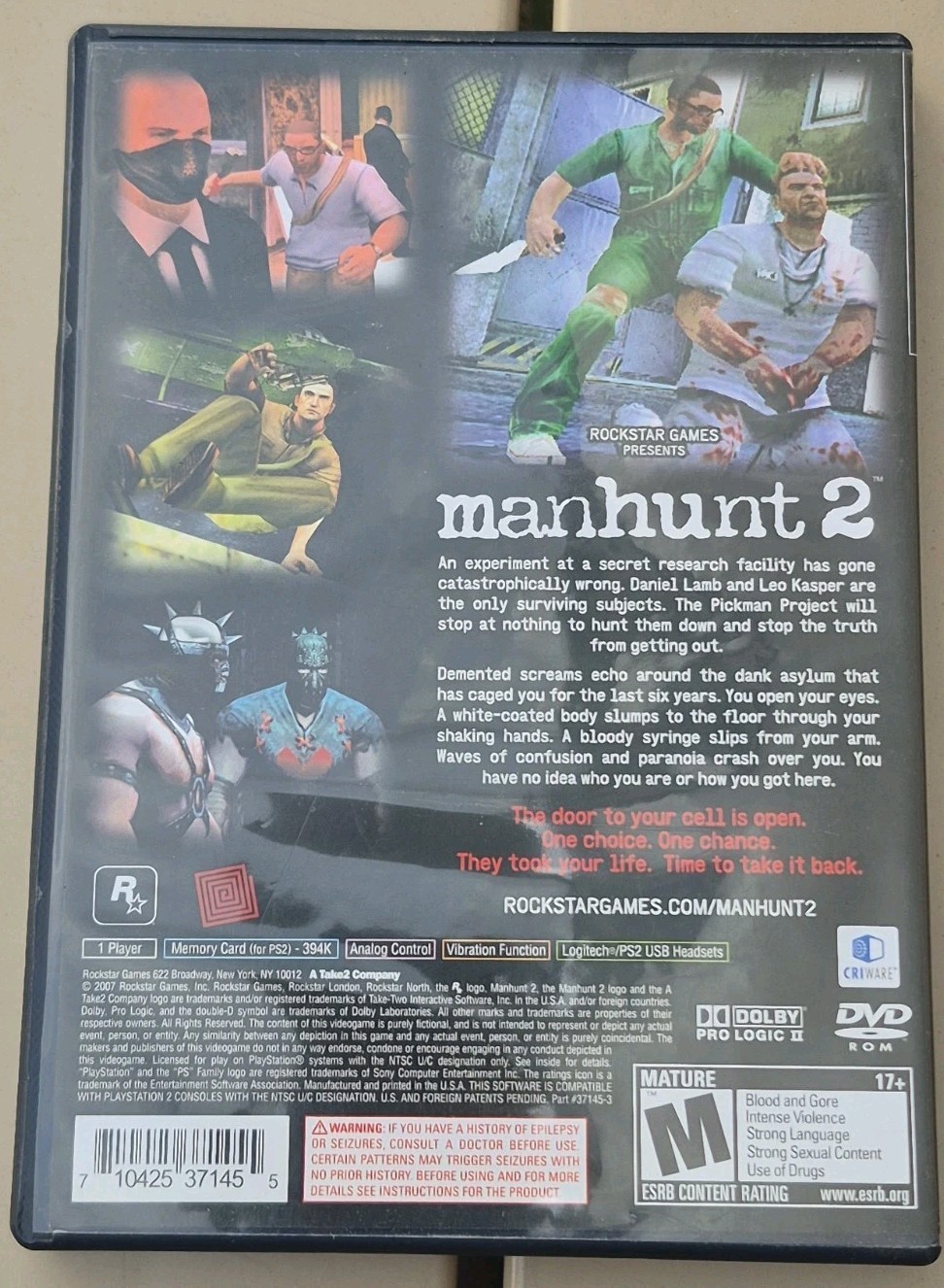 Manhunt 2 Sony PlayStation 2, 2007, Complete Tested, Plays Great.