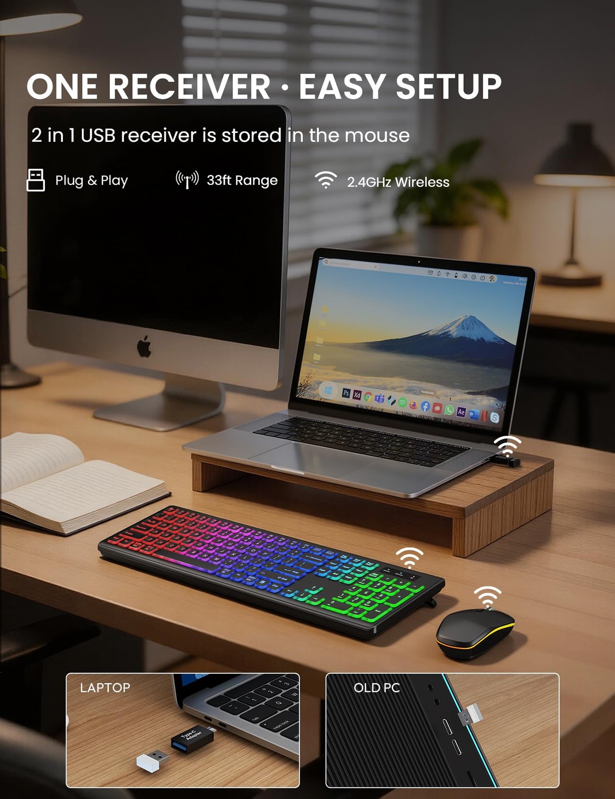 Wireless Keyboard and Mouse Combo, RGB Backlit, Rechargeable & Light Up Black