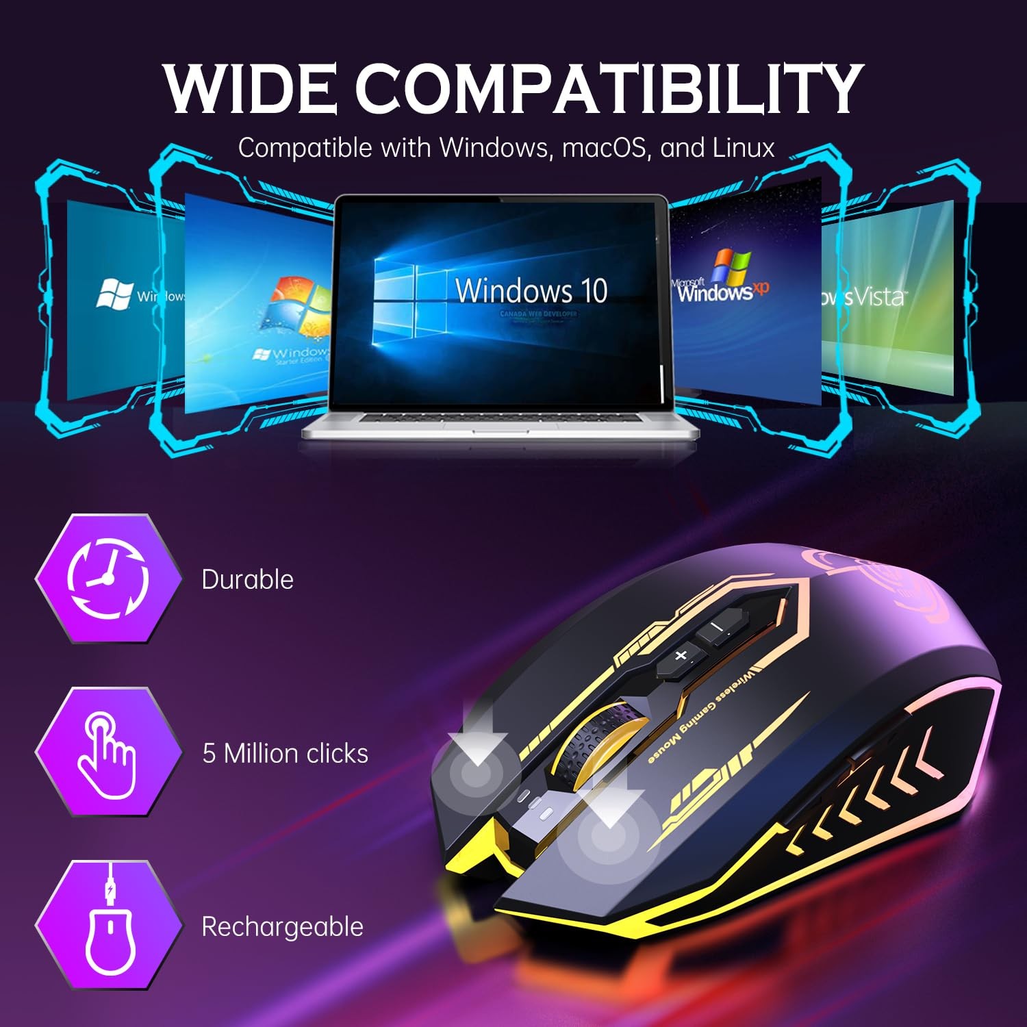 Uhuru Wireless Gaming Mouse Up To 12000 Dpi Rechargeable Usb-C Wireless Mouse 7