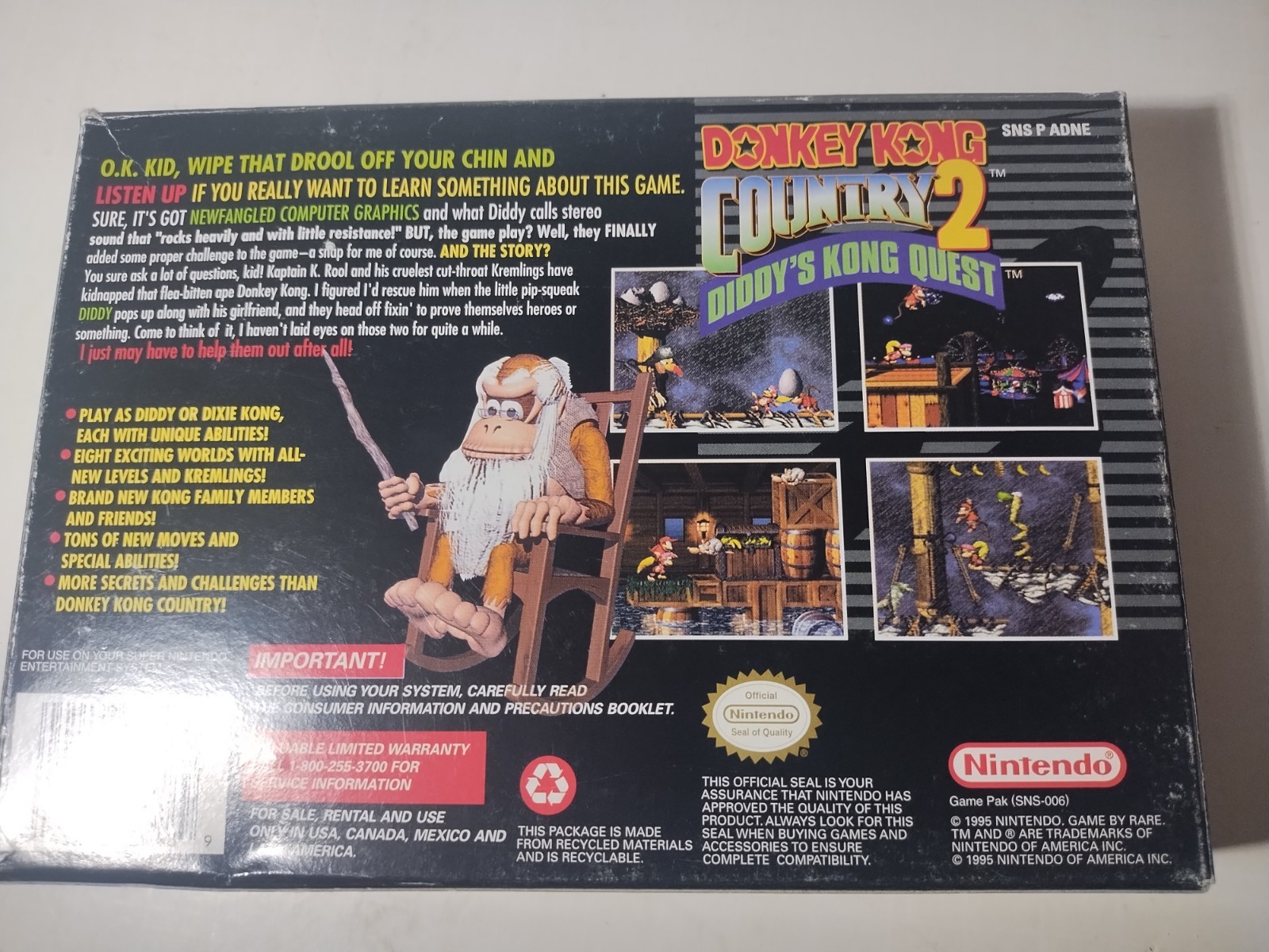 Empty Donkey Kong Country 2 Super Nintendo SNES Game Box, Tray & Bag
