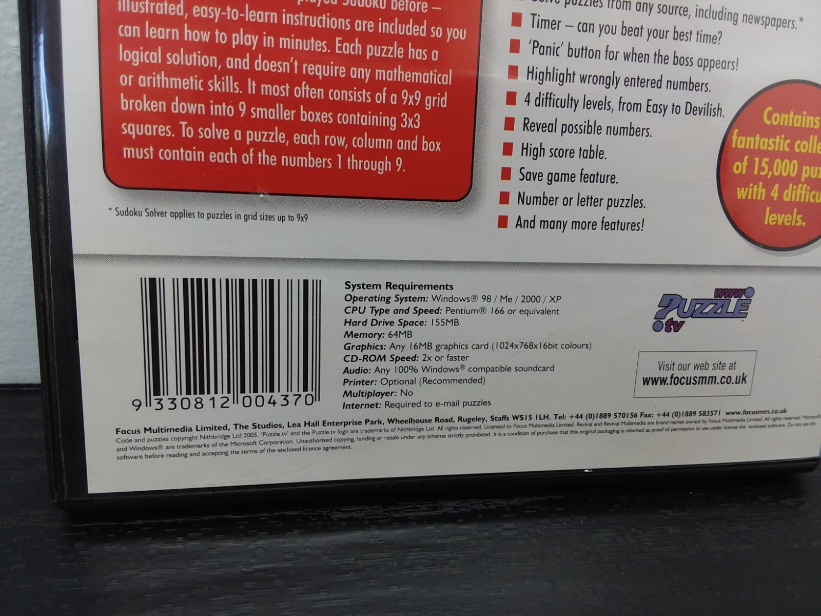 15,000 Sudoku Puzzles (Windows 98) PC CD-ROM / United Kingddom