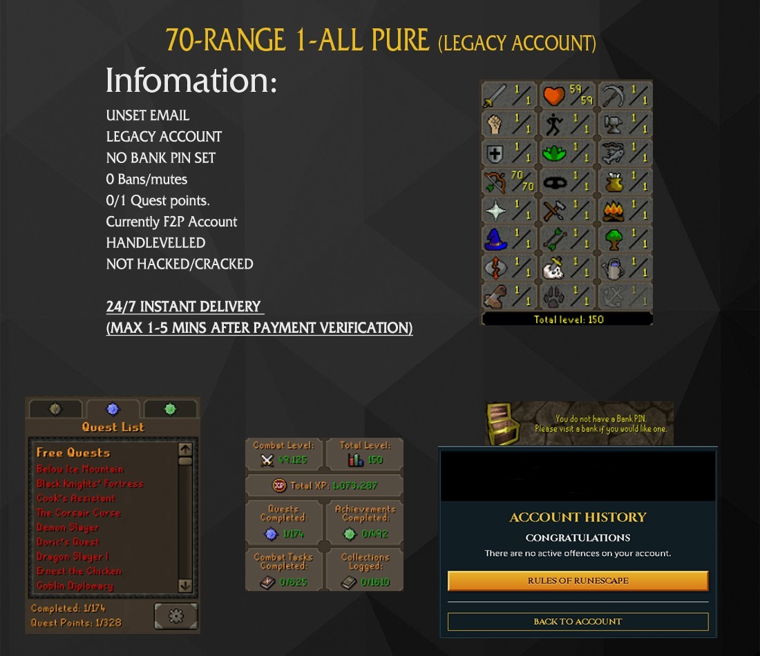 OLDSCHOOL RUNESCAPE HANDLEVELED RANGE 1 DEF OSRS ACCOUNT | 24/7 Instant Delivery