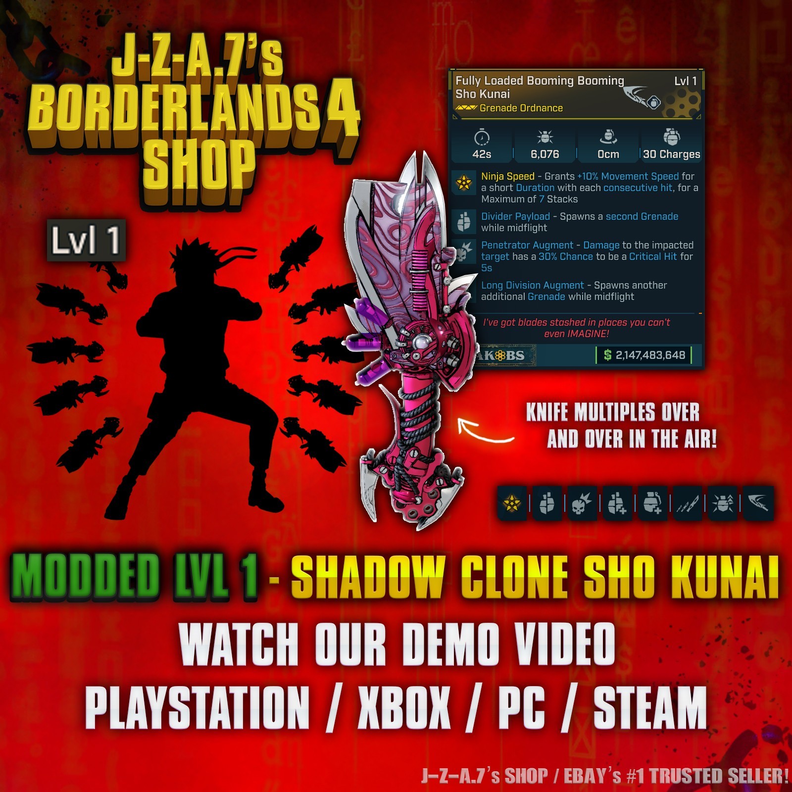 Borderlands 4✨ MODDED LEVEL 1 ONE SHADOW CLONE SHO KUNAI KNIFE BL4✅PC-PS-XBOX✨