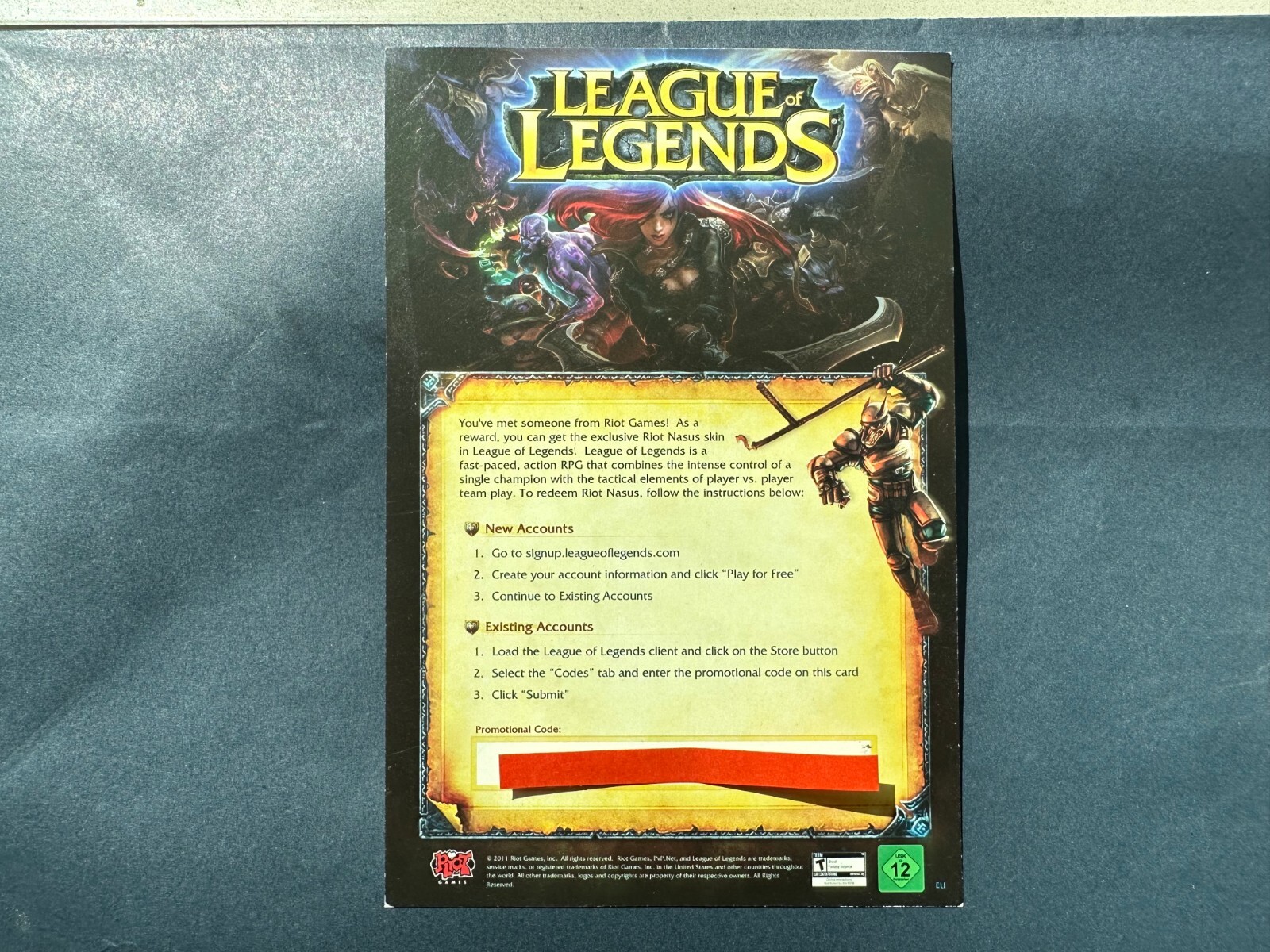 League of Legends Riot Nasus Skin Card Collectible 2011 PAX Arcade LoL RARE