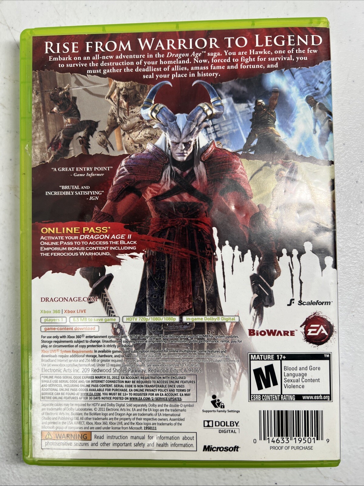 Dragon Age II (Microsoft Xbox 360, 2011) No Manual – TESTED