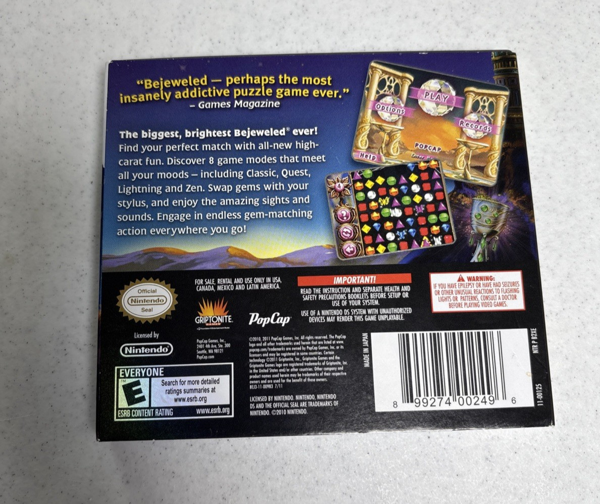 Bejeweled 3 Nintendo DS 2011 Complete w/ Game, Manual & Slip cover Tested Works