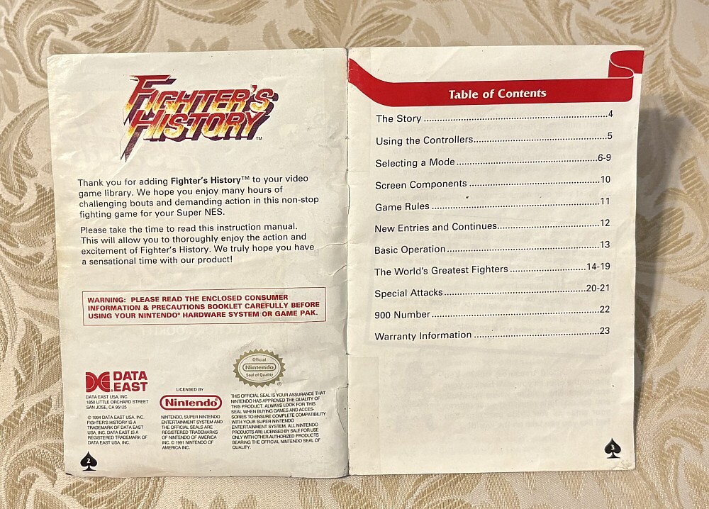 FIGHTER’S HISTORY (Super Nintendo SNES 1994) Near Complete w/ Manual + Cut Box