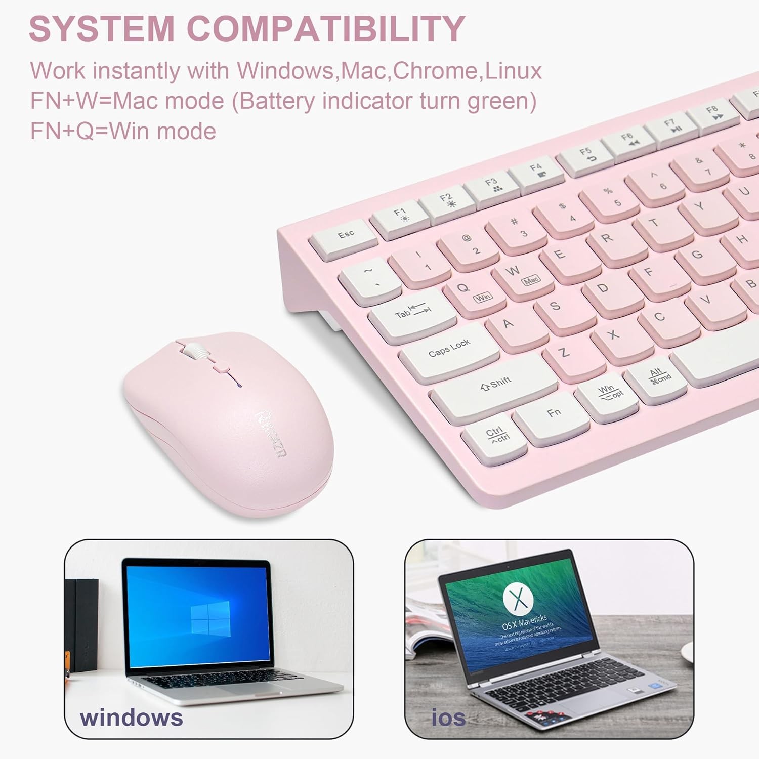 Wireless Keyboard and Mouse Combo, Reccazr 2.4G Full-Sized Pink & Cream