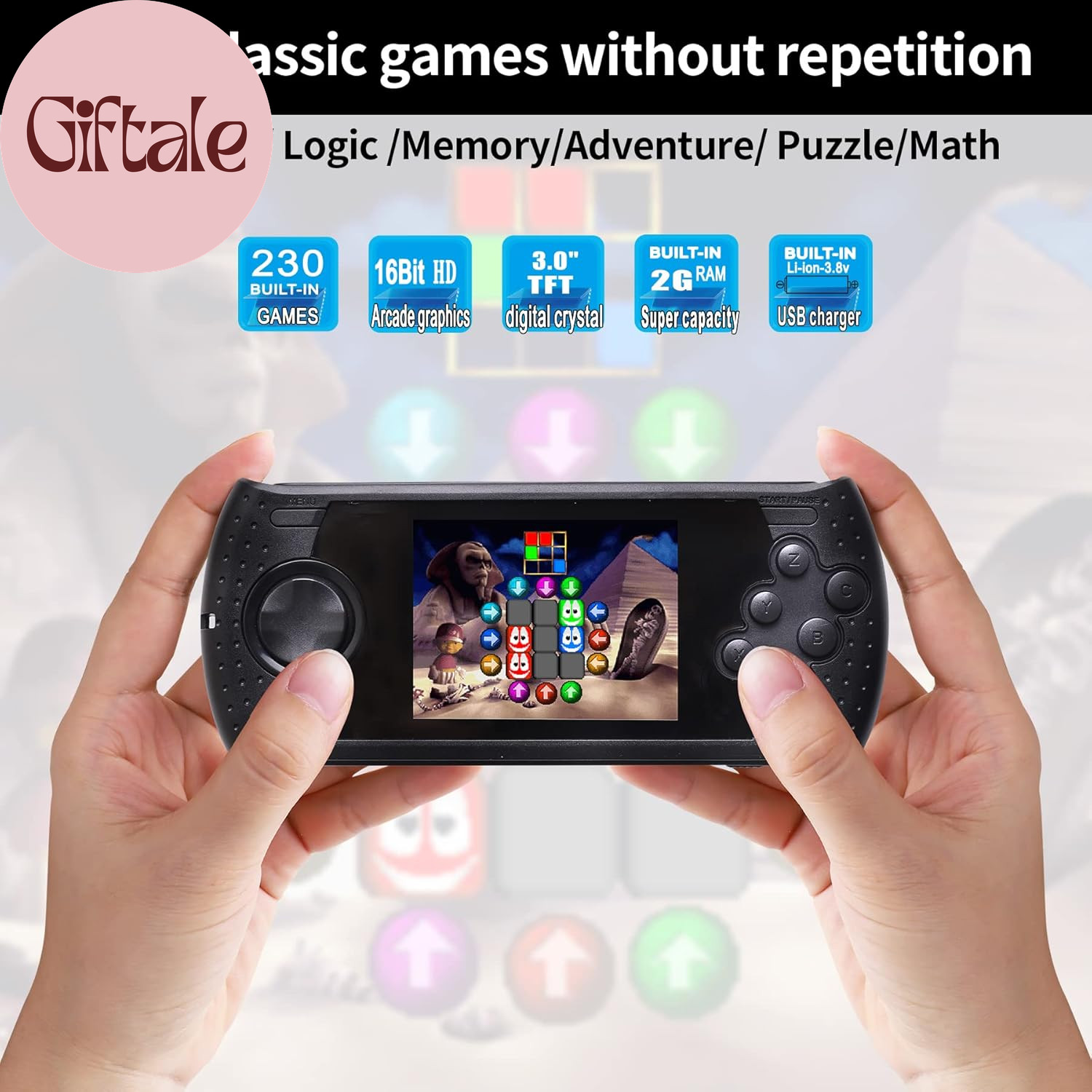 16 Bit Handheld Game for Kids Built-In 230 HD Classic Retro Video Games USB Rech