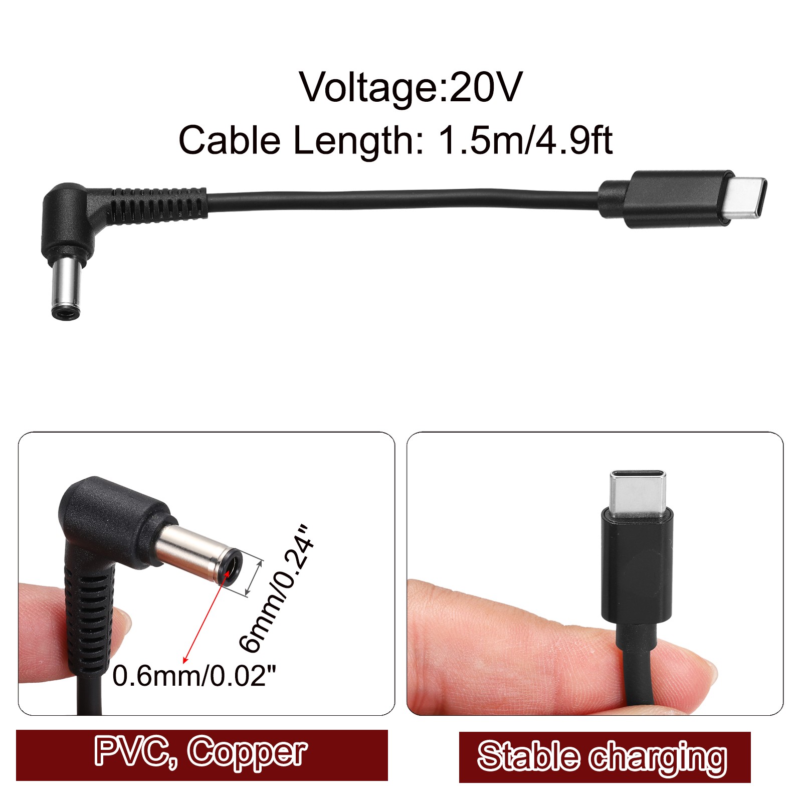 4.9FT USB C to DC PD Power Fast Charging Cable, 6mmx0.6mm 65W/20V(Black)