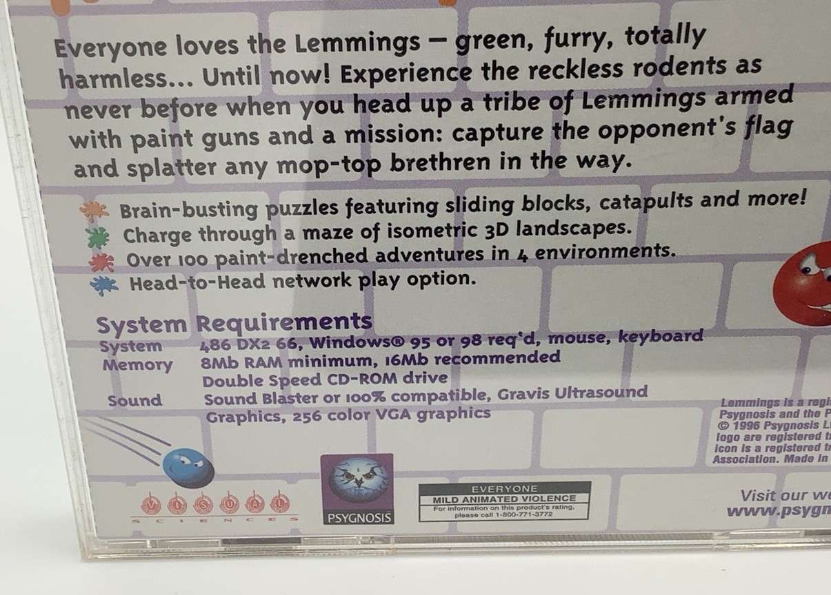 Psygnosis Lemmings Paintball CD ROM PC Game Windows 95/98 1996