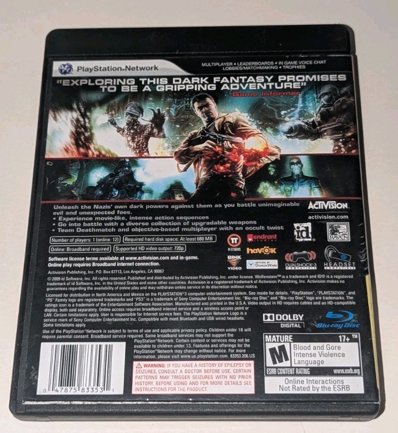 Wolfenstein PS3 CIB Sony Playstation 3 Complete In Case With Manual Video Game