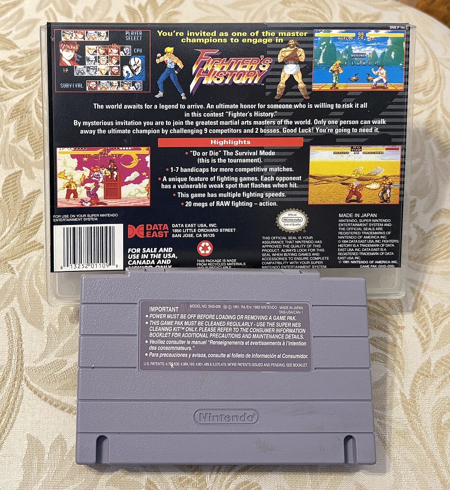 FIGHTER’S HISTORY (Super Nintendo SNES 1994) Near Complete w/ Manual + Cut Box