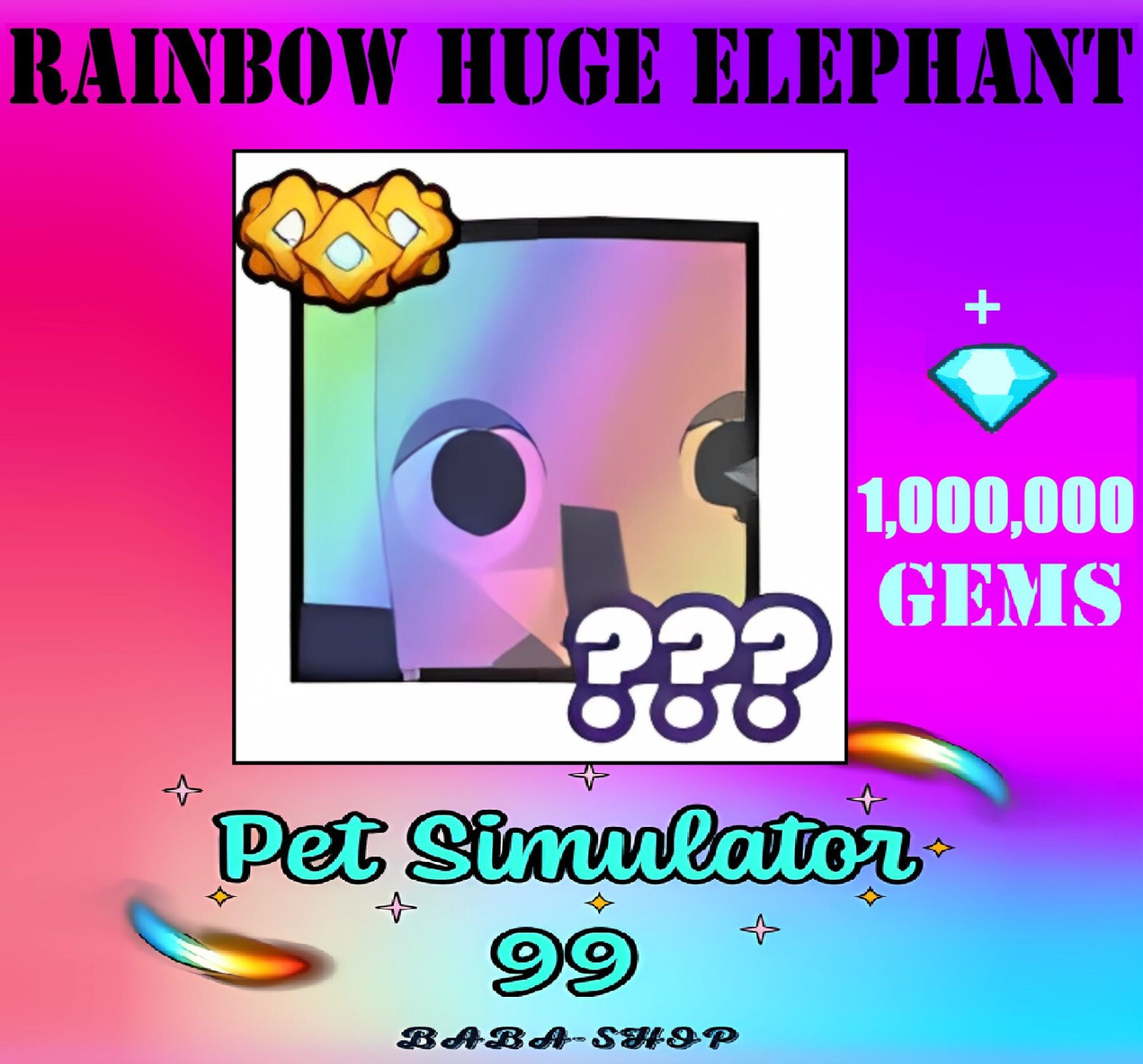 Rainbow Huge Elephant + 1M Gems – Pet Simulator 99 – PS99 Sim – Fastest Delivery