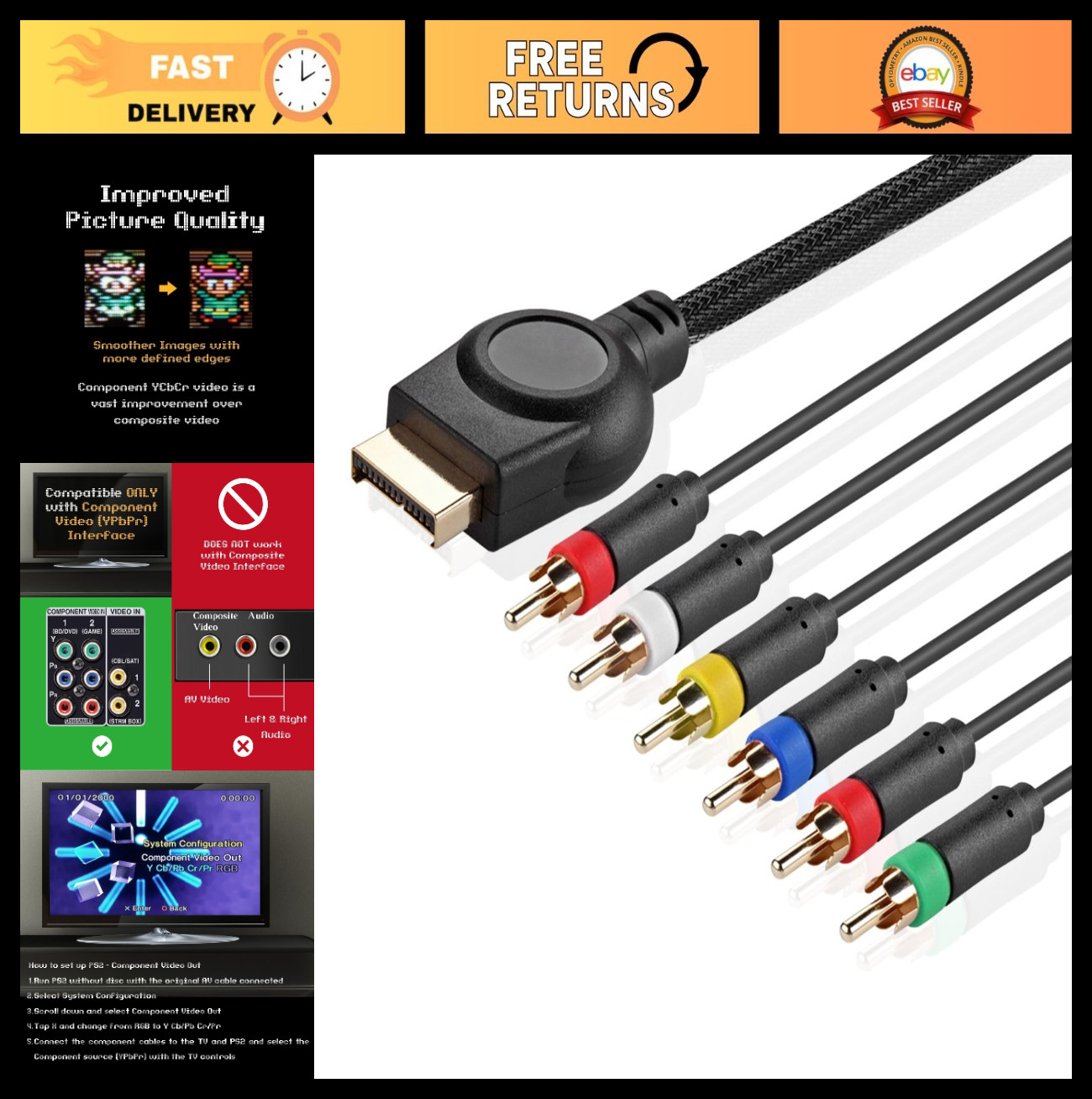 Premium YPbPr Component Video Cable RCA AV for PlayStation 2/3 – High-Quality Ga