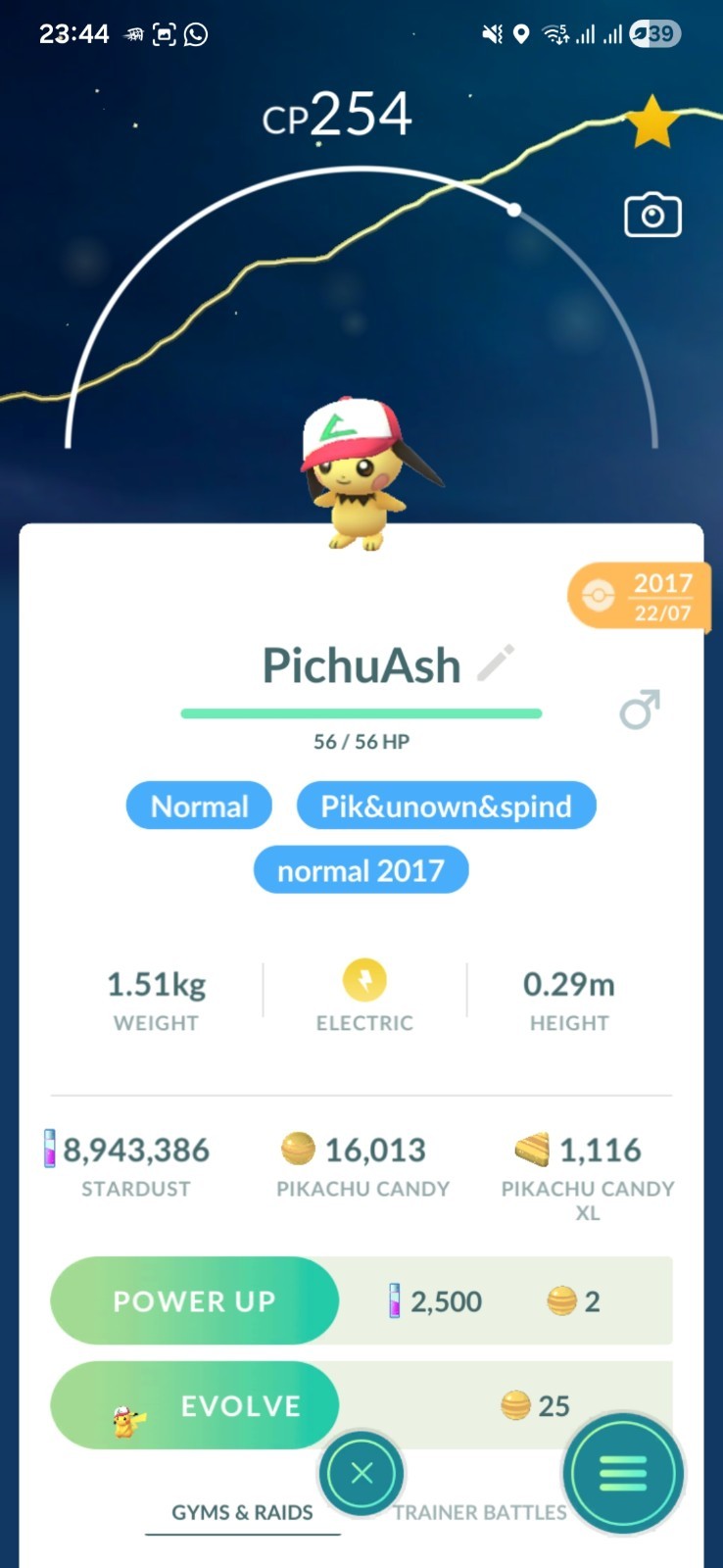 Pichu ( Ash Hat ) ( Caught In 2017 ) Pokemon Tr@de Go