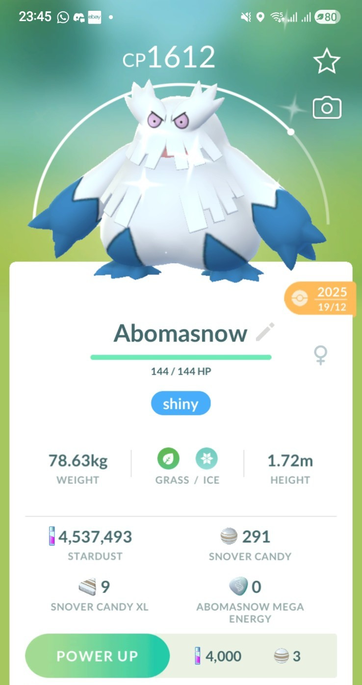 Shiny Abomasnow ( Snover Evolution ) Pokemon Ultra Friends / Registered Go