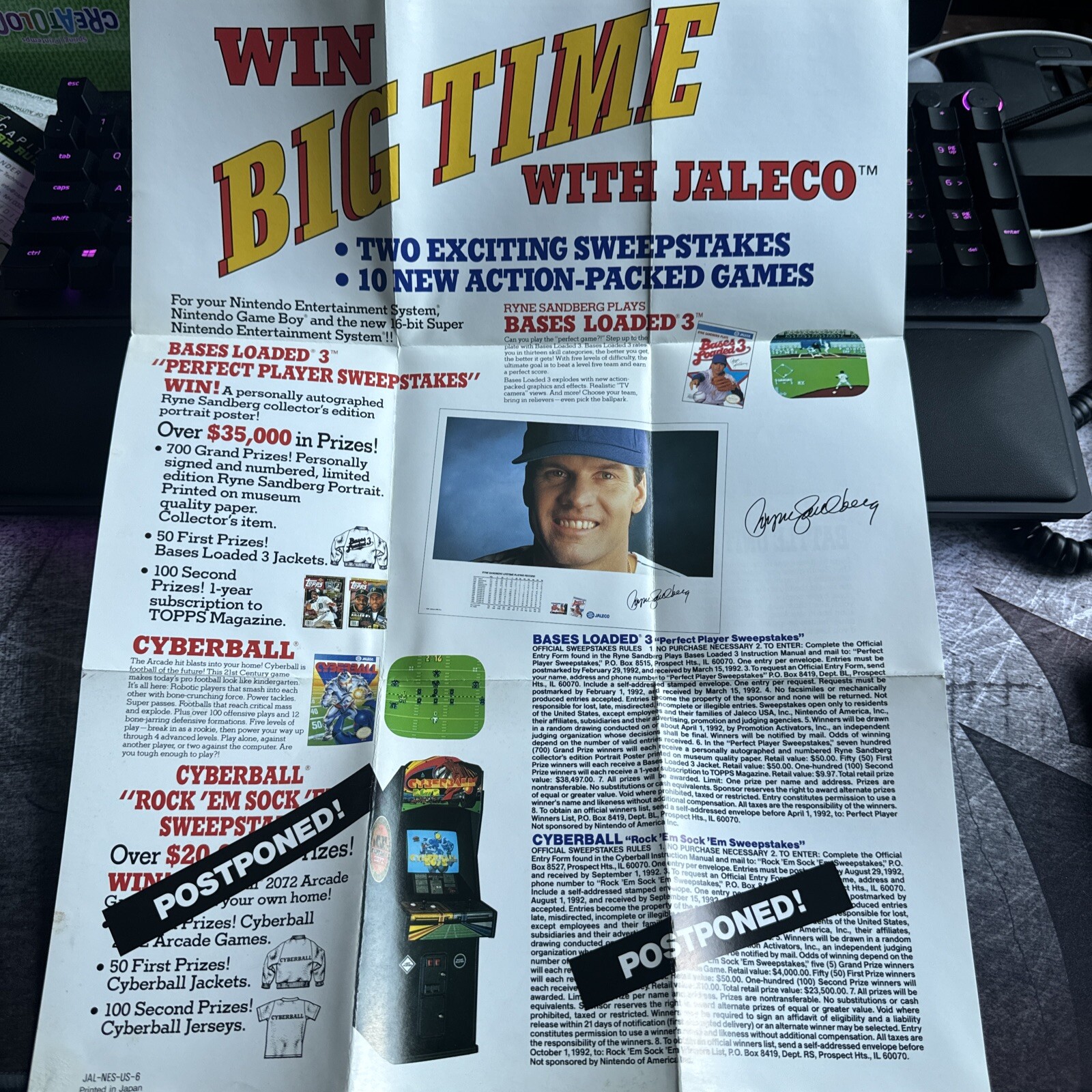 JALECO Win BIG TIME Nintendo 1992 Postponed Version Fold-Out Insert JAL-NES-US-6