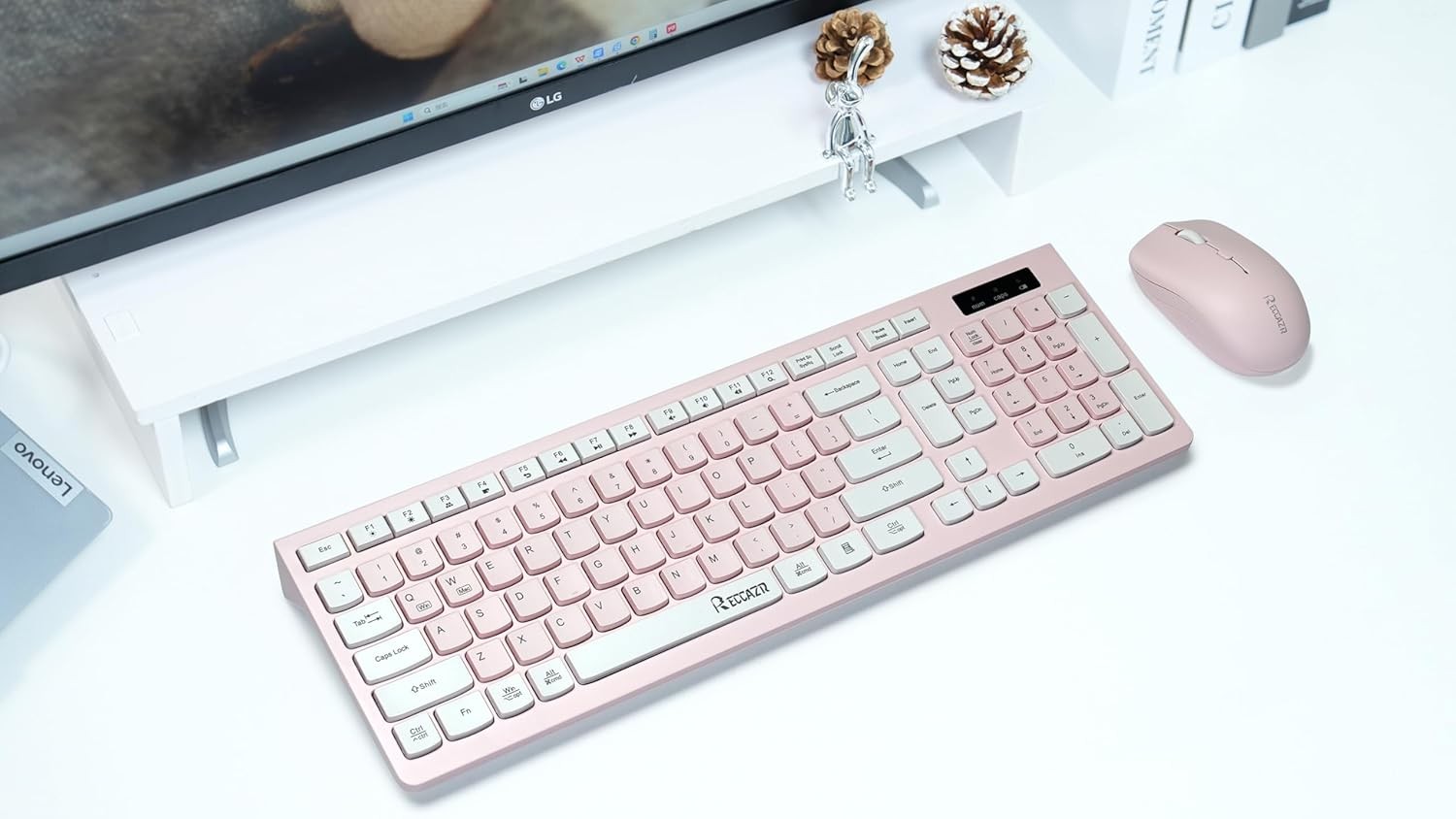 Wireless Keyboard and Mouse Combo, Reccazr 2.4G Full-Sized Pink & Cream