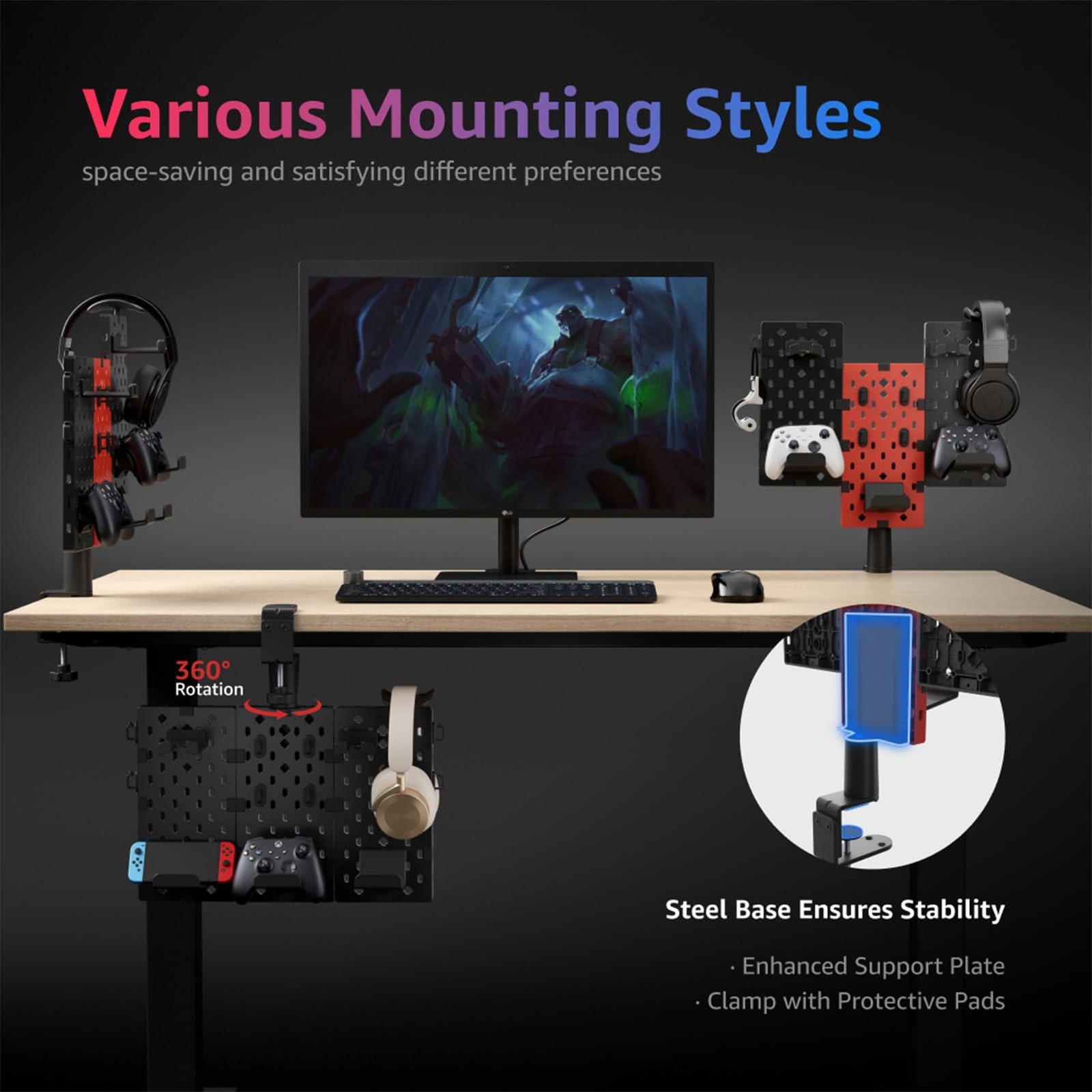 3 PCS Modular Headphone Controller Holder ClampOn Pegboard Black