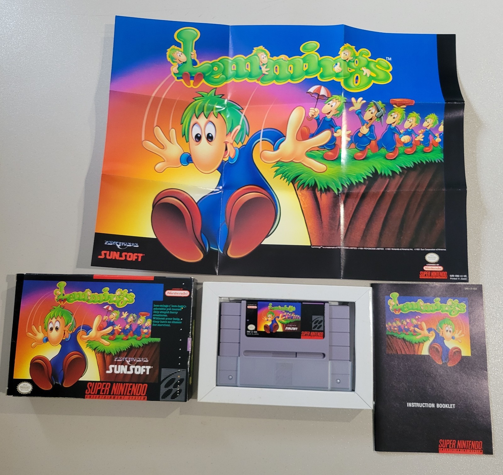 Sunsoft Lemmings SNES Complete in Box w/ Manual NTSC-U/C Puzzle Strategy 1991