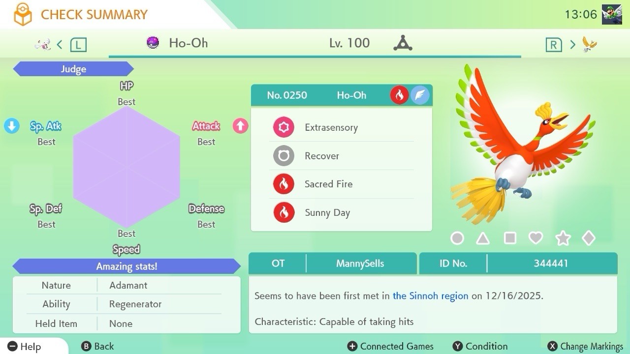 BDSP Caught Legendaries Shiny/Non Shiny, 6IV, Level 100, EVs 6HP 252ATK 252SPE