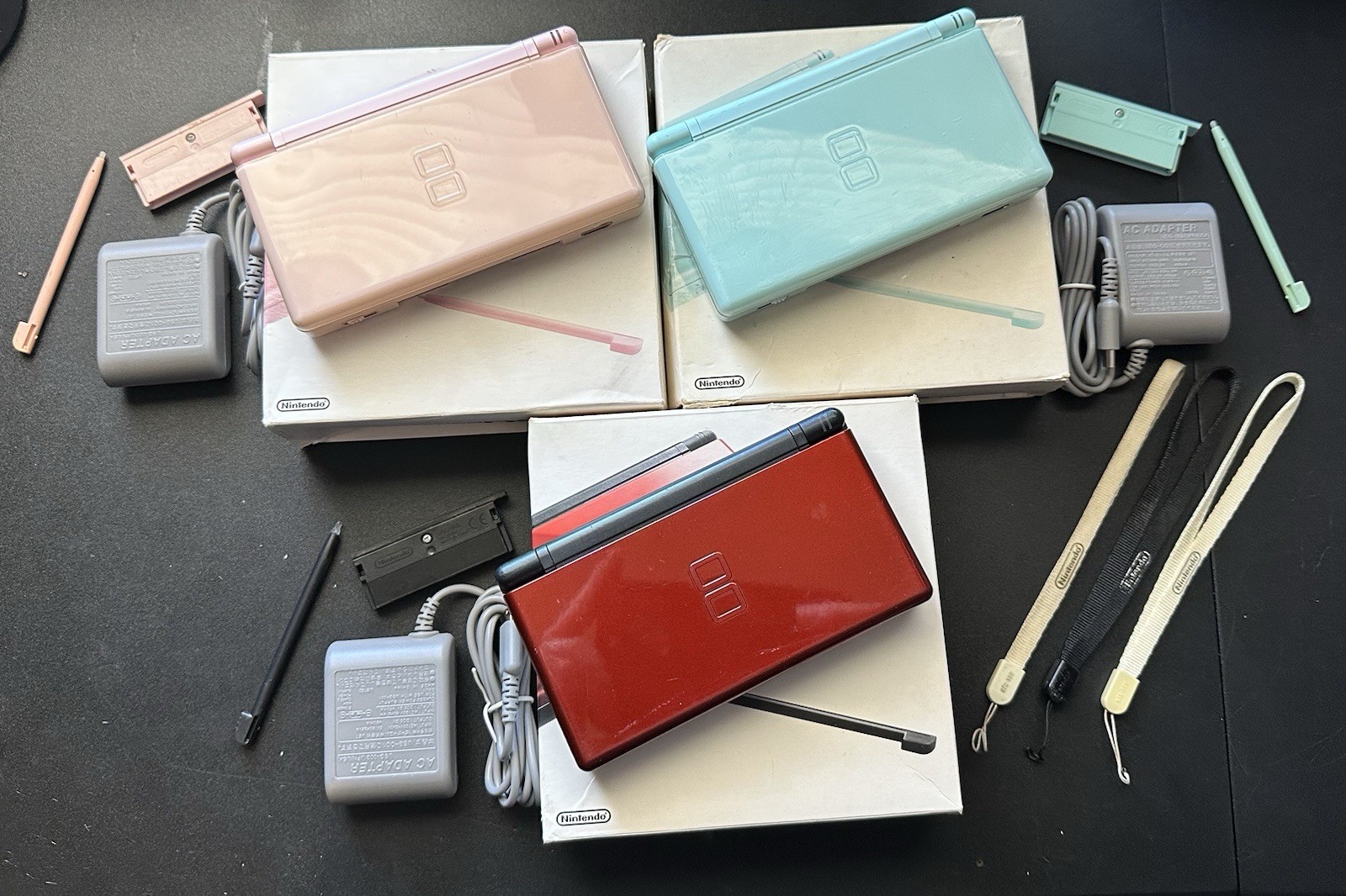 Lot 3 In Box Nintendo DS Lite Crimson Red Black Ice Blue Noble Coral Pink Works